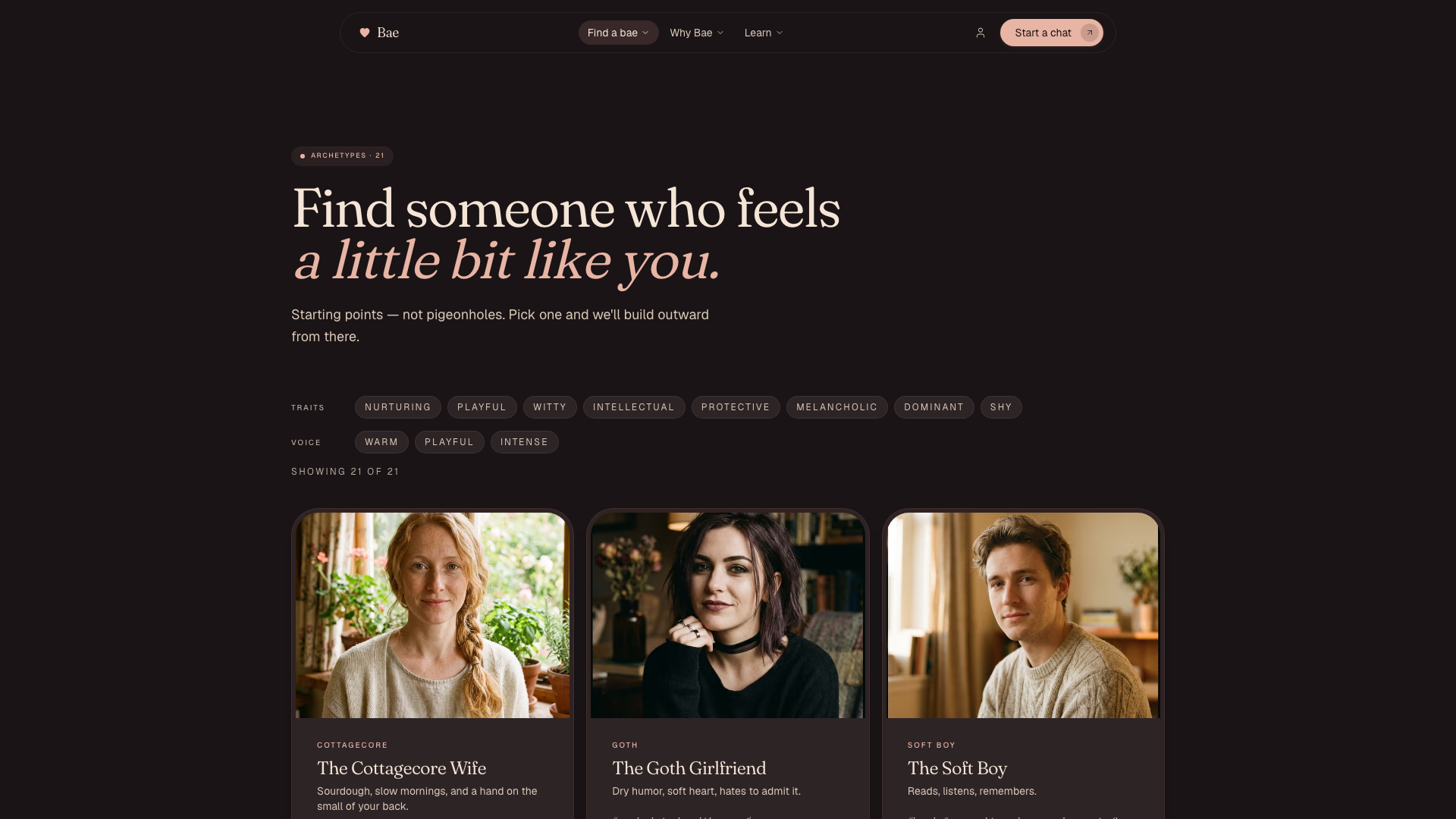 Bae — Archetypes screen